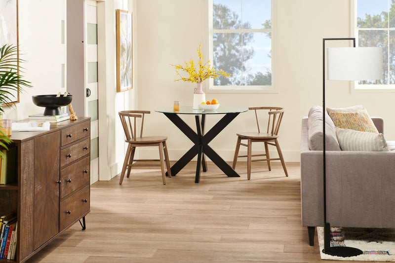 Table de salle à manger ronde Remi de 42 po (L) avec dessus en verre et base géométrique en bois - noire