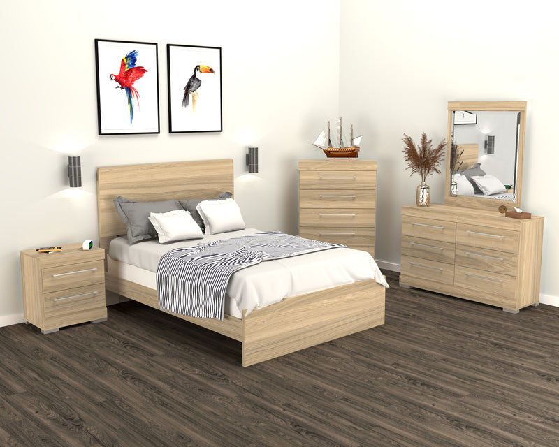 Ensemble de chambre à coucher Riley 6 pièces avec lit à panneaux, commode, miroir et table de nuit, fabriqué au Canada, naturel - format lit simple