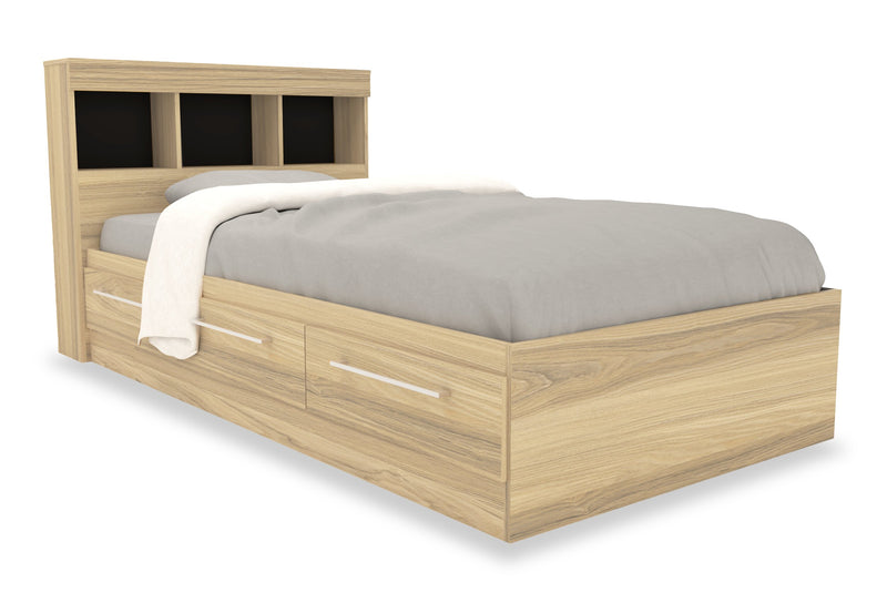 Ensemble lit matelot Riley 5 pièces avec tête de lit bibliothèque, commode et miroir, naturel - format lit simple