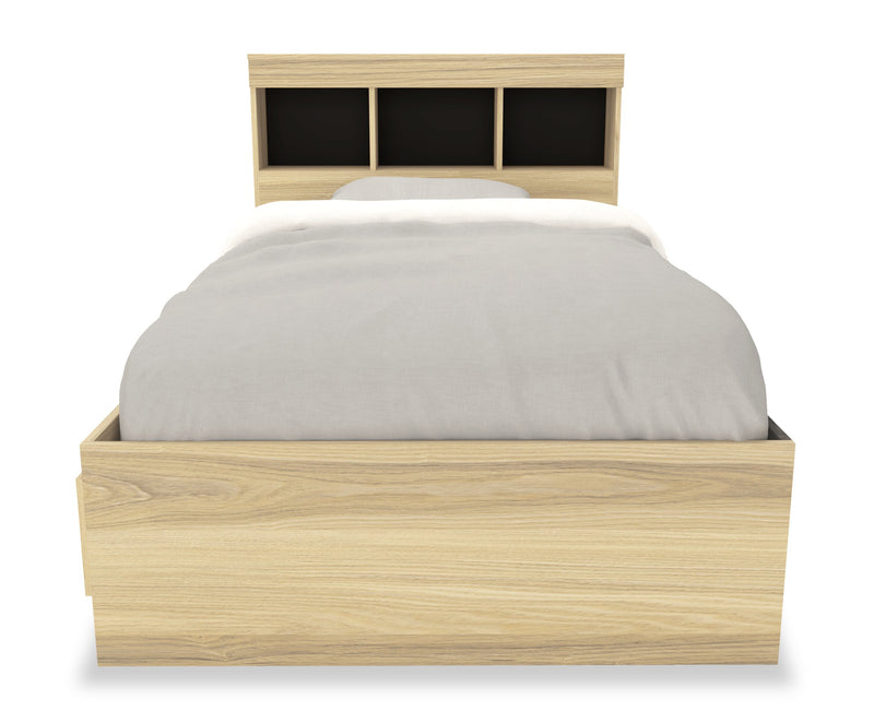 Ensemble lit matelot Riley 5 pièces avec tête de lit bibliothèque, commode et miroir, naturel - format lit simple