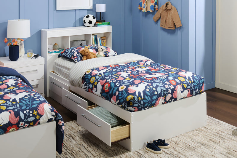 Lit matelot Riley avec ensemble de tête de lit bibliothèque pour enfants, fabriqué au Canada, blanc - format lit simple