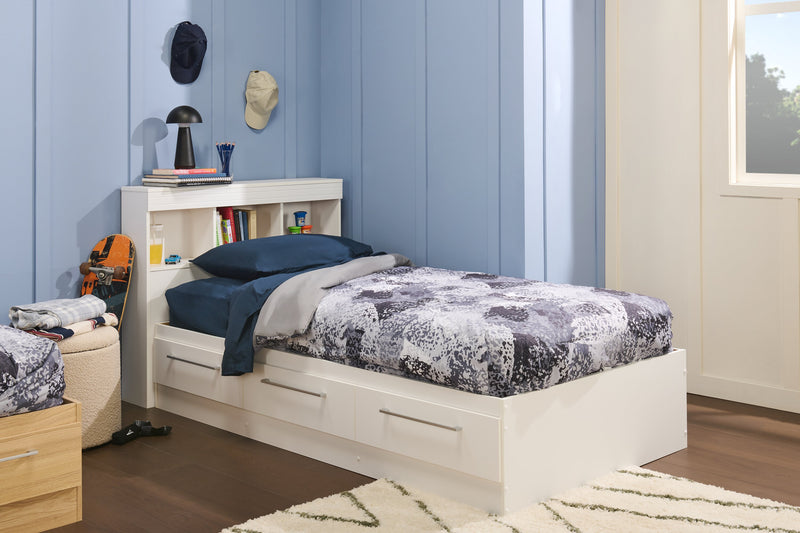 Lit matelot Riley avec ensemble de tête de lit bibliothèque pour enfants, fabriqué au Canada, blanc - format lit simple