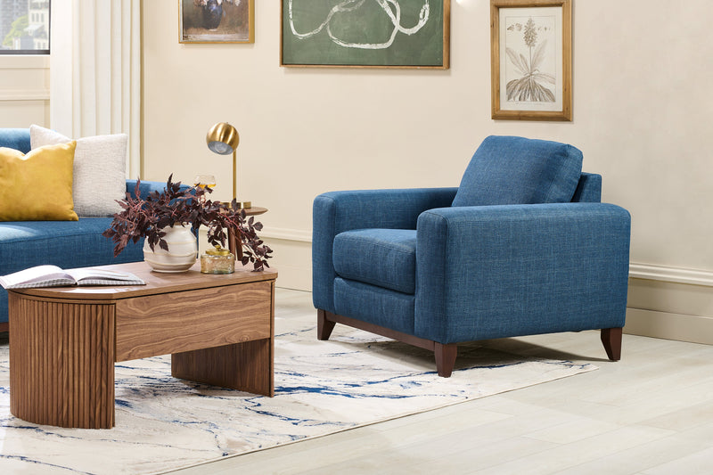 Fauteuil River de 40,1 po en tissu d’apparence lin avec base et pattes en bois - bleu