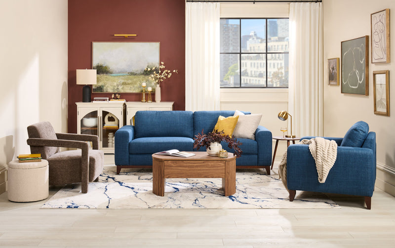 Fauteuil River de 40,1 po en tissu d’apparence lin avec base et pattes en bois - bleu