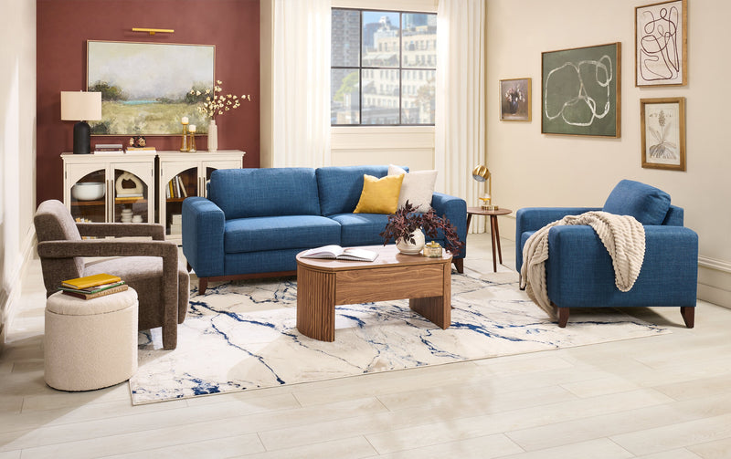 Fauteuil River de 40,1 po en tissu d’apparence lin avec base et pattes en bois - bleu