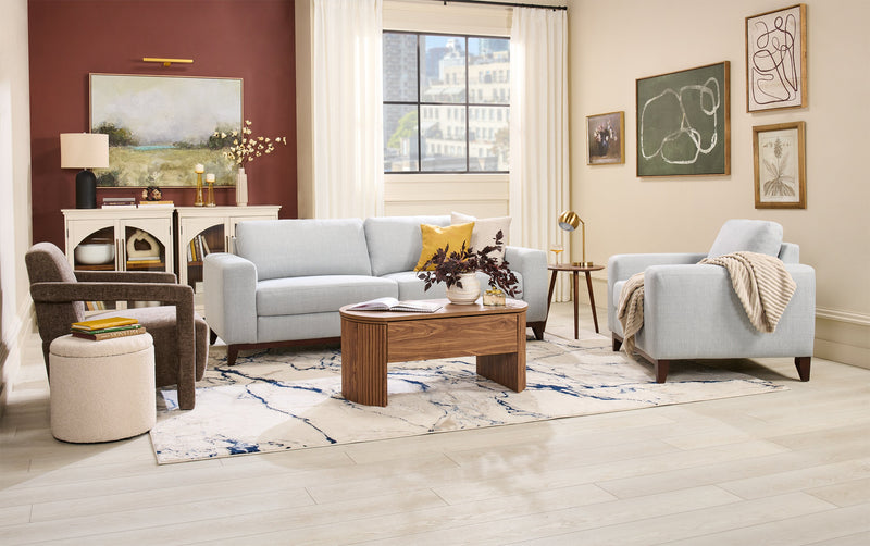 Sofa River de 87 po en tissu d’apparence lin avec base et pattes en bois - gris