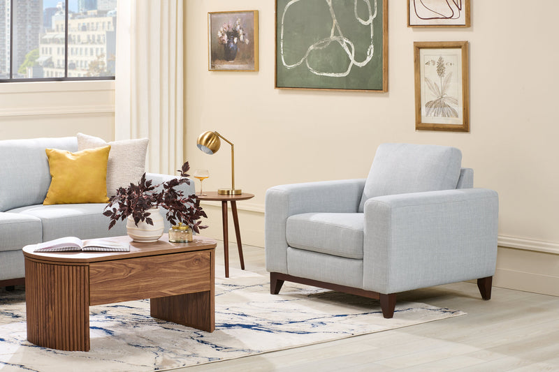 Fauteuil River de 40,1 po en tissu d’apparence lin avec base et pattes en bois - gris