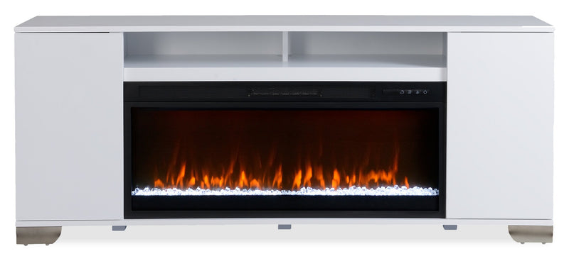 Meuble pour téléviseur moderne Robin de 70 po avec foyer électrique, rangement et système de gestion des câbles pour téléviseurs jusqu’à 80 po - blanc