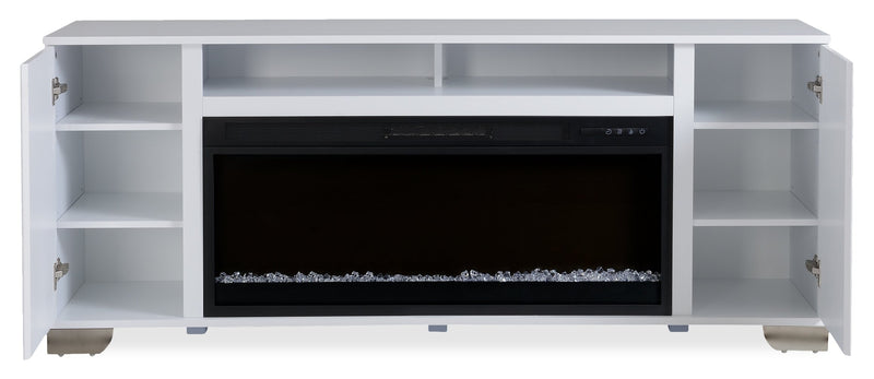 Meuble pour téléviseur moderne Robin de 70 po avec foyer électrique, rangement et système de gestion des câbles pour téléviseurs jusqu’à 80 po - blanc