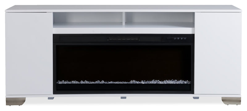 Meuble pour téléviseur moderne Robin de 70 po avec foyer électrique, rangement et système de gestion des câbles pour téléviseurs jusqu’à 80 po - blanc