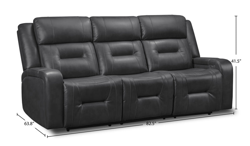 Sofa à inclinaison électrique Ryker de 82,5 po en similicuir avec accoudoirs de rangement et ports USB - gris
