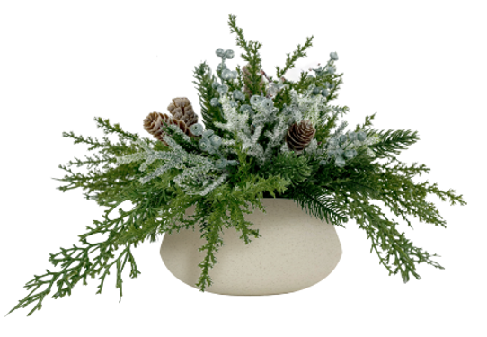  Bouquet de pin et de baies Kort & Co. dans un pot à motif quadrillé