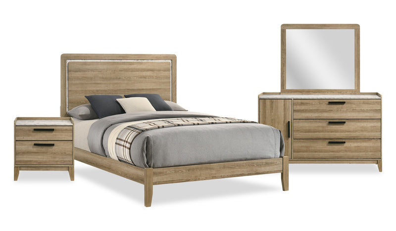 Ensemble de chambre à coucher Sable brun clair 6 pièces avec lit, commode, miroir et table de nuit - format lit double