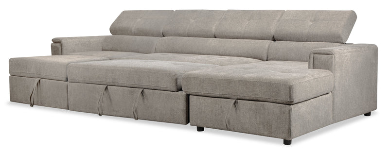 Sofa-lit sectionnel Savvy 3 pièces en tissu d’apparence lin avec 2 fauteuils longs de rangement et appuie-têtes réglables - gris