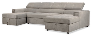 Sofa-lit sectionnel Savvy 3 pièces en tissu d’apparence lin avec 2 fauteuils longs de rangement et appuie-têtes réglables - gris