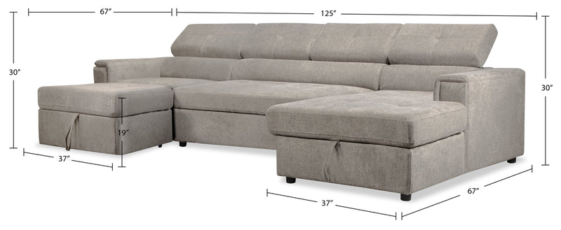 Sofa-lit sectionnel Savvy 3 pièces en tissu d’apparence lin avec 2 fauteuils longs de rangement et appuie-têtes réglables - gris