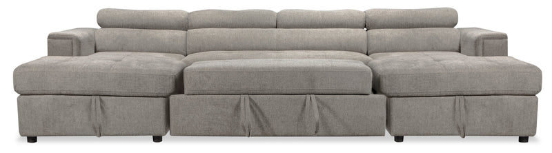 Sofa-lit sectionnel Savvy 3 pièces en tissu d’apparence lin avec 2 fauteuils longs de rangement et appuie-têtes réglables - gris