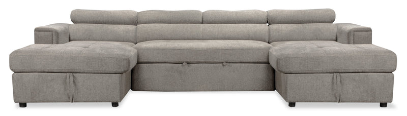Sofa-lit sectionnel Savvy 3 pièces en tissu d’apparence lin avec 2 fauteuils longs de rangement et appuie-têtes réglables - gris