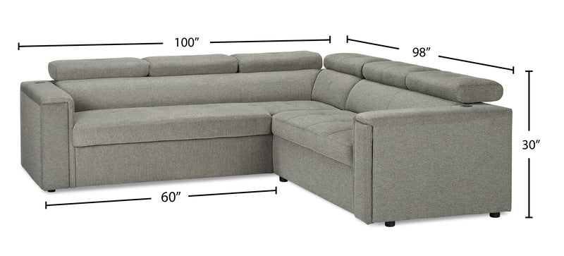 Sofa sectionnel de gauche Savvy 2 pièces en tissu d’apparence lin avec appuie-têtes réglables, porte-gobelets et port USB - gris