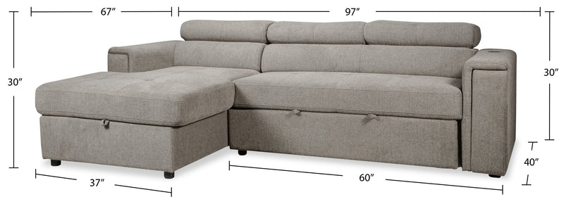 Sofa-lit sectionnel de gauche Savvy 2 pièces en tissu d’apparence lin avec fauteuil long de rangement et appuie-têtes réglables - gris
