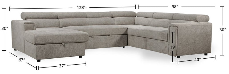 Sofa-lit sectionnel de gauche Savvy 3 pièces en tissu d’apparence lin avec fauteuil long de rangement et appuie-têtes réglables - gris