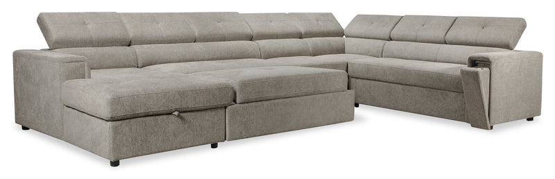 Sofa-lit sectionnel de gauche Savvy 5 pièces en tissu d’apparence lin avec fauteuil long de rangement et appuie-têtes réglables - gris