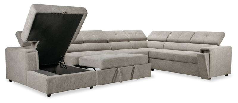 Sofa-lit sectionnel de gauche Savvy 5 pièces en tissu d’apparence lin avec fauteuil long de rangement et appuie-têtes réglables - gris