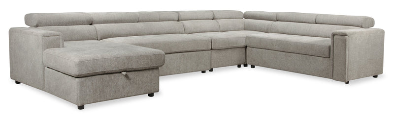 Sofa-lit sectionnel de gauche Savvy 5 pièces en tissu d’apparence lin avec fauteuil long de rangement et appuie-têtes réglables - gris