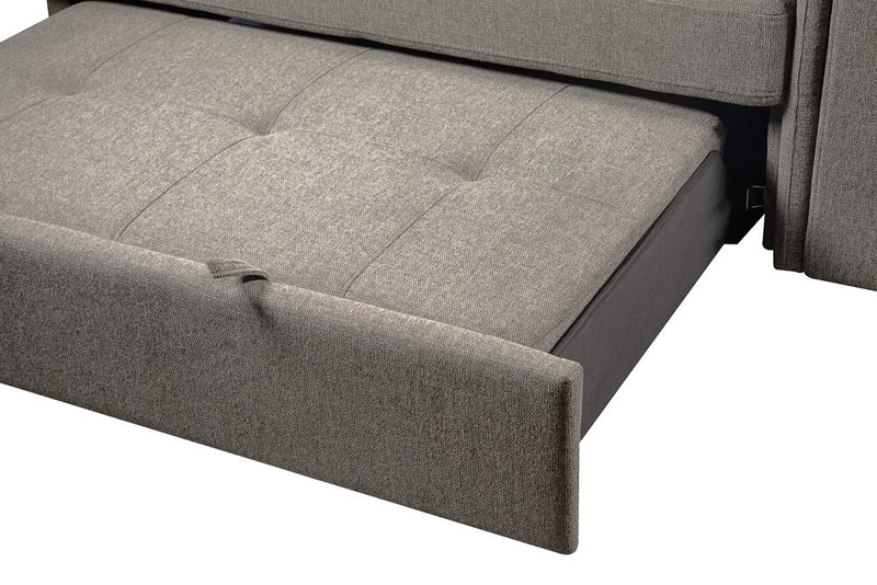 Sofa-lit sectionnel de gauche Savvy 5 pièces en tissu d’apparence lin avec fauteuil long de rangement et appuie-têtes réglables - gris