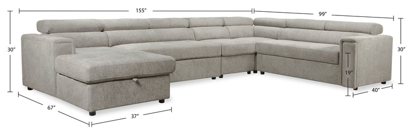Sofa-lit sectionnel de gauche Savvy 5 pièces en tissu d’apparence lin avec fauteuil long de rangement et appuie-têtes réglables - gris