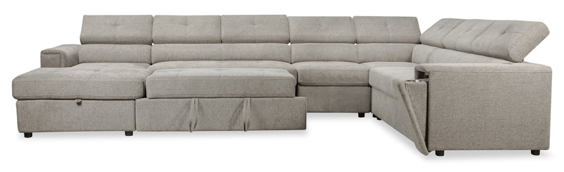Sofa-lit sectionnel de gauche Savvy 5 pièces en tissu d’apparence lin avec fauteuil long de rangement et appuie-têtes réglables - gris