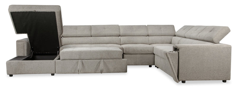 Sofa-lit sectionnel de gauche Savvy 5 pièces en tissu d’apparence lin avec fauteuil long de rangement et appuie-têtes réglables - gris