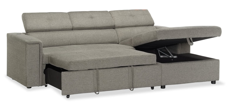 Sofa-lit sectionnel de droite Savvy 2 pièces en tissu d’apparence lin avec fauteuil long de rangement et appuie-têtes réglables - gris