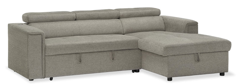 Sofa-lit sectionnel de droite Savvy 2 pièces en tissu d’apparence lin avec fauteuil long de rangement et appuie-têtes réglables - gris