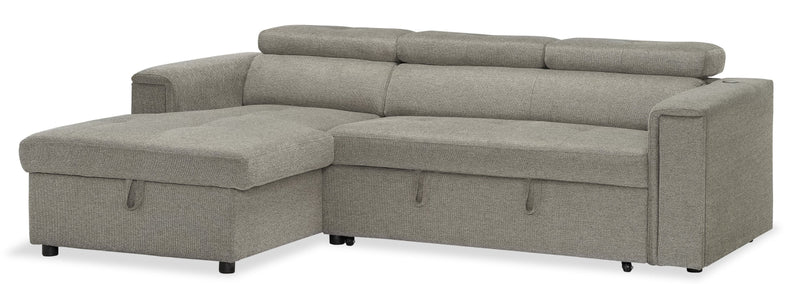 Sofa-lit sectionnel de gauche Savvy 2 pièces en tissu d’apparence lin avec fauteuil long de rangement et appuie-têtes réglables - gris