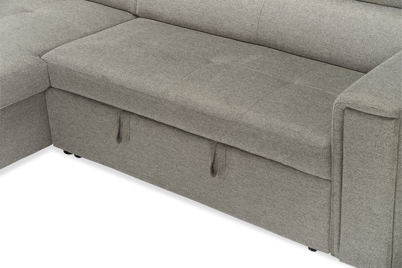 Sofa-lit sectionnel de gauche Savvy 2 pièces en tissu d’apparence lin avec fauteuil long de rangement et appuie-têtes réglables - gris