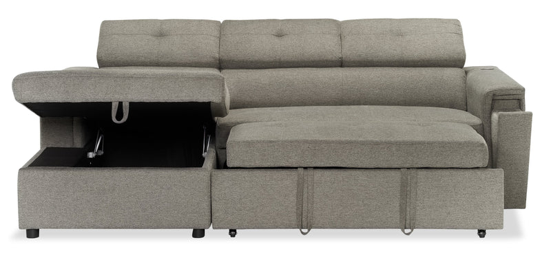 Sofa-lit sectionnel de gauche Savvy 2 pièces en tissu d’apparence lin avec fauteuil long de rangement et appuie-têtes réglables - gris
