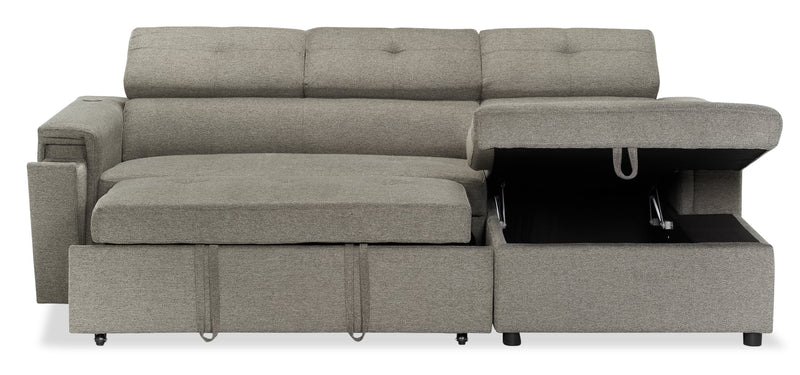 Sofa-lit sectionnel de droite Savvy 2 pièces en tissu d’apparence lin avec fauteuil long de rangement et appuie-têtes réglables - gris