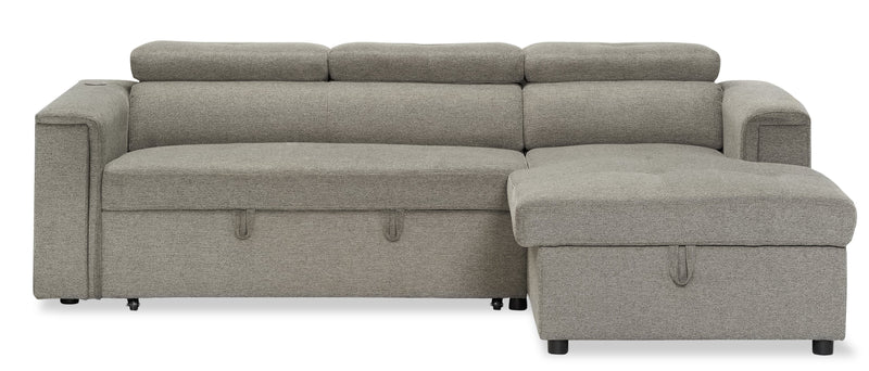 Sofa-lit sectionnel de droite Savvy 2 pièces en tissu d’apparence lin avec fauteuil long de rangement et appuie-têtes réglables - gris