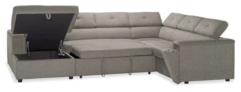 Sofa-lit sectionnel de gauche Savvy 3 pièces en tissu d’apparence lin avec fauteuil long de rangement et appuie-têtes réglables - gris