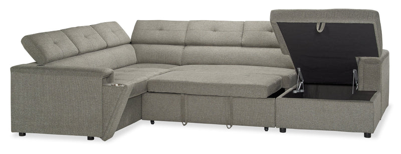 Sofa-lit sectionnel de droite Savvy 3 pièces en tissu d’apparence lin avec fauteuil long de rangement et appuie-têtes réglables - gris