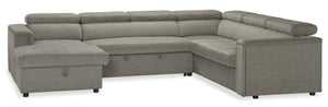 Sofa-lit sectionnel de gauche Savvy 3 pièces en tissu d’apparence lin avec fauteuil long de rangement et appuie-têtes réglables - gris