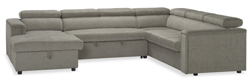 Sofa-lit sectionnel de gauche Savvy 3 pièces en tissu d’apparence lin avec fauteuil long de rangement et appuie-têtes réglables - gris