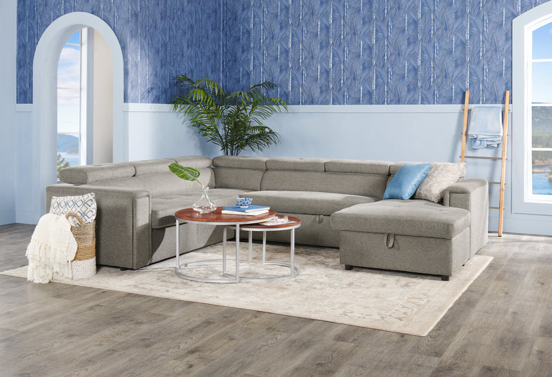 Sofa-lit sectionnel de droite Savvy 3 pièces en tissu d’apparence lin avec fauteuil long de rangement et appuie-têtes réglables - gris