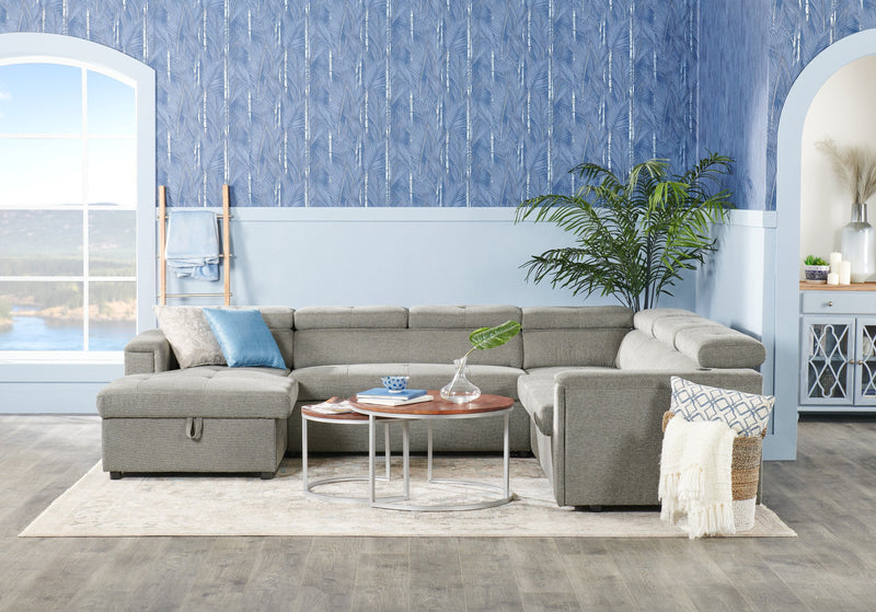 Sofa-lit sectionnel de gauche Savvy 3 pièces en tissu d’apparence lin avec fauteuil long de rangement et appuie-têtes réglables - gris