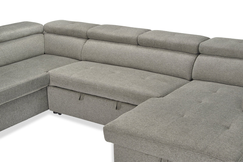Sofa-lit sectionnel de droite Savvy 3 pièces en tissu d’apparence lin avec fauteuil long de rangement et appuie-têtes réglables - gris