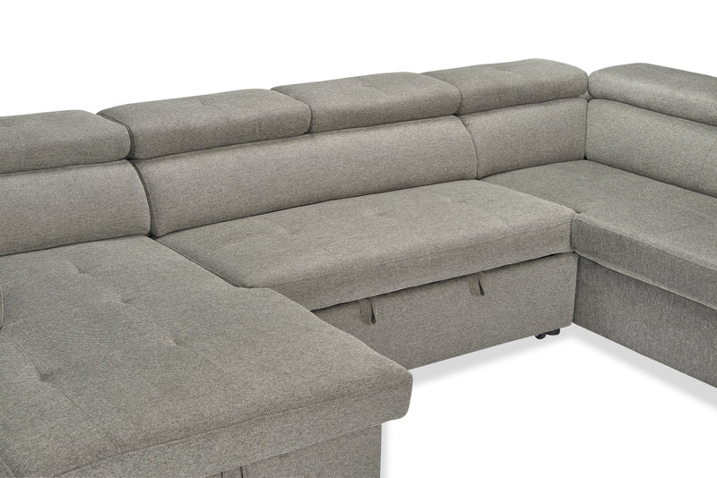 Sofa-lit sectionnel de gauche Savvy 3 pièces en tissu d’apparence lin avec fauteuil long de rangement et appuie-têtes réglables - gris