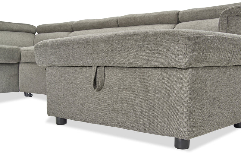 Sofa-lit sectionnel de droite Savvy 3 pièces en tissu d’apparence lin avec fauteuil long de rangement et appuie-têtes réglables - gris