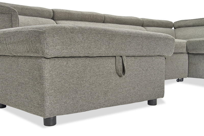 Sofa-lit sectionnel de gauche Savvy 3 pièces en tissu d’apparence lin avec fauteuil long de rangement et appuie-têtes réglables - gris