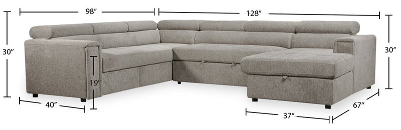 Sofa-lit sectionnel de droite Savvy 3 pièces en tissu d’apparence lin avec fauteuil long de rangement et appuie-têtes réglables - gris